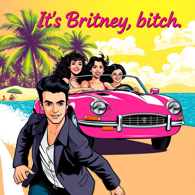 A vibrant pop art-themed poster showcasing a white girl with curly black hair confidently driving a bright pink Jaguar convertible