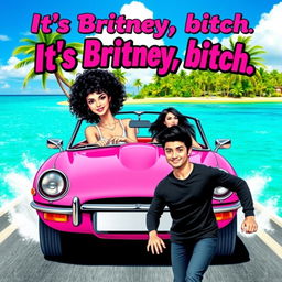 A vibrant pop art-themed poster showcasing a white girl with curly black hair confidently driving a bright pink Jaguar convertible