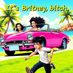 A vibrant pop art-themed poster showcasing a white girl with curly black hair confidently driving a bright pink Jaguar convertible