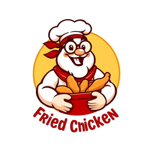 A logo design inspired by the famous fried chicken brand, featuring a stylized, cartoonish image of a cheerful, rotund chef wearing a white chef's hat and a red bandana, holding a bucket of crispy fried chicken