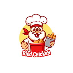 A logo design inspired by the famous fried chicken brand, featuring a stylized, cartoonish image of a cheerful, rotund chef wearing a white chef's hat and a red bandana, holding a bucket of crispy fried chicken