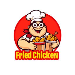 A logo design inspired by the famous fried chicken brand, featuring a stylized, cartoonish image of a cheerful, rotund chef wearing a white chef's hat and a red bandana, holding a bucket of crispy fried chicken