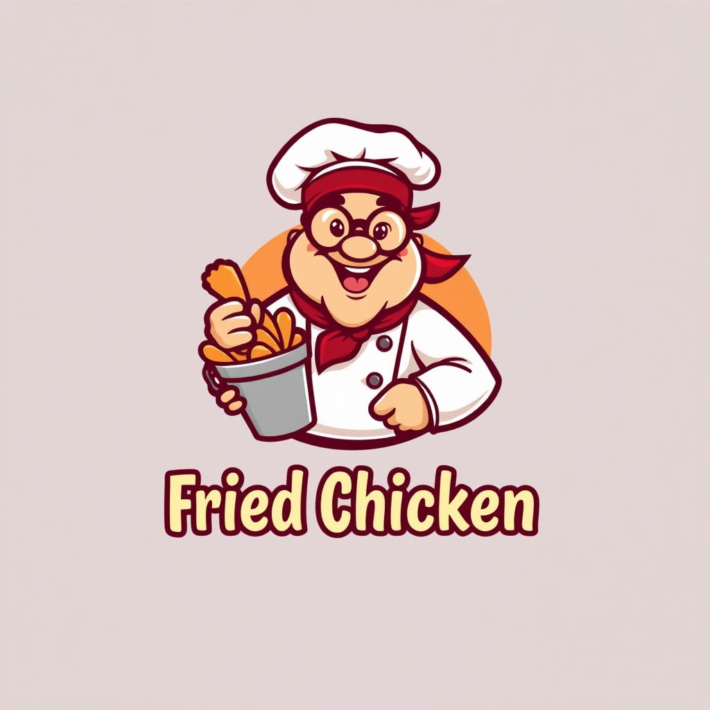 A logo design inspired by the famous fried chicken brand, featuring a stylized, cartoonish image of a cheerful, rotund chef wearing a white chef's hat and a red bandana, holding a bucket of crispy fried chicken