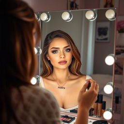 A young woman focused on applying makeup in front of a mirror, her name 'Pondicherry' elegantly engraved on a delicate necklace around her neck