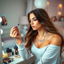 A young woman focused on applying makeup in front of a mirror, her name 'Pondicherry' elegantly engraved on a delicate necklace around her neck