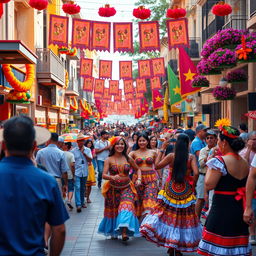 A vibrant scene capturing the essence of Latin culture, showcasing a lively street festival filled with colorful decorations, traditional music, and joyous dancers in festive attire