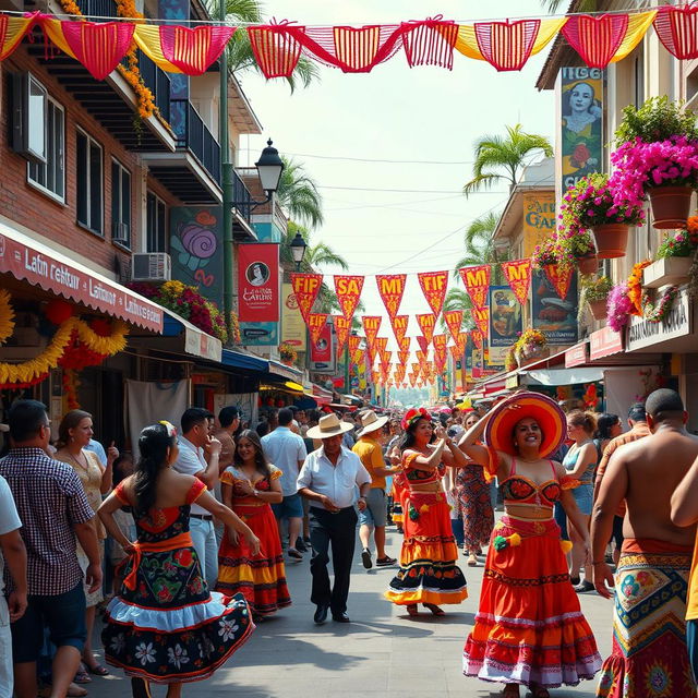 A vibrant scene capturing the essence of Latin culture, showcasing a lively street festival filled with colorful decorations, traditional music, and joyous dancers in festive attire