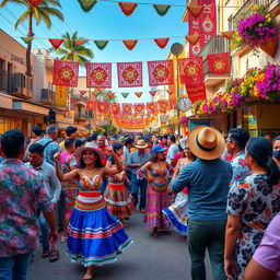 A vibrant scene capturing the essence of Latin culture, showcasing a lively street festival filled with colorful decorations, traditional music, and joyous dancers in festive attire