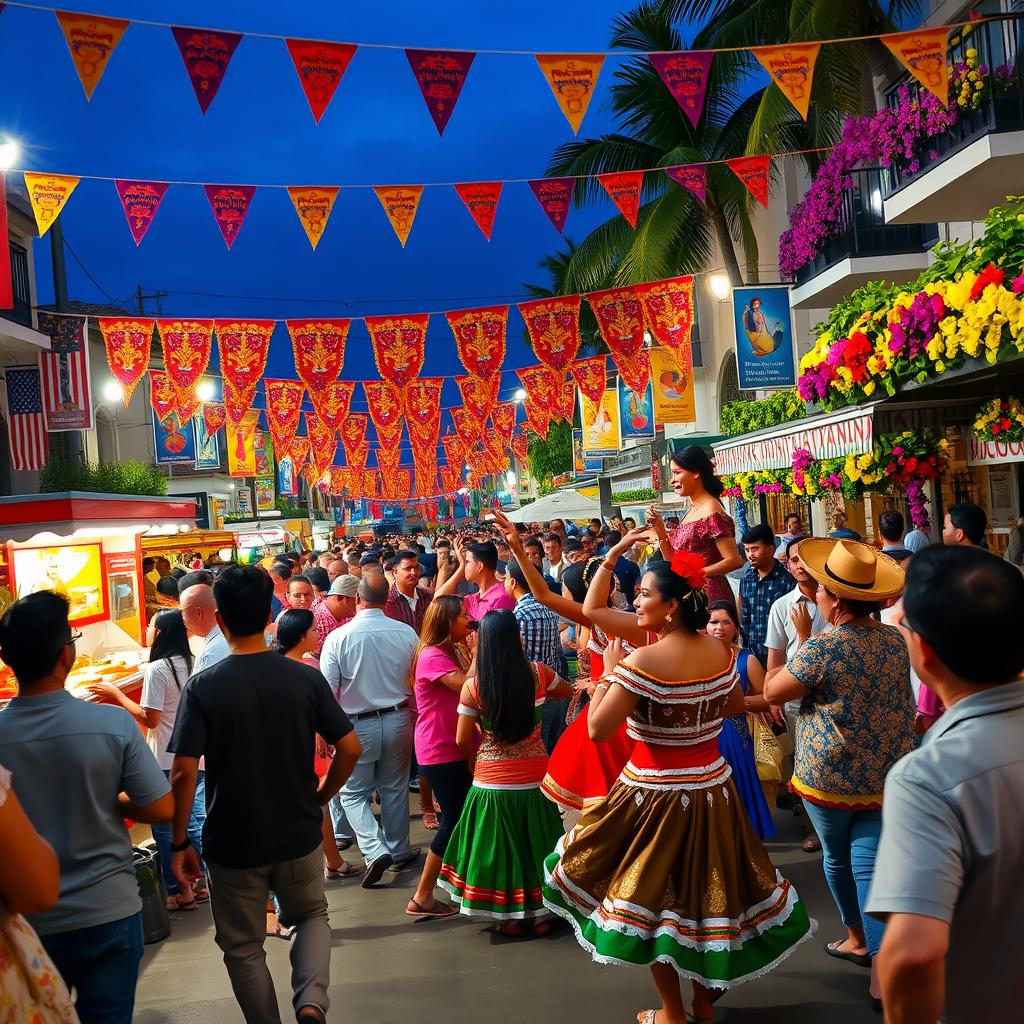 A vibrant scene capturing the essence of Latin culture, showcasing a lively street festival filled with colorful decorations, traditional music, and joyous dancers in festive attire