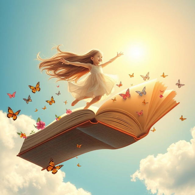 a young girl with long flowing hair, joyfully flying on an enormous open book, surrounded by colorful butterflies and vibrant flowers