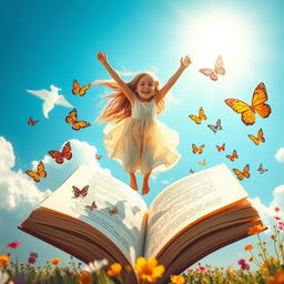 a young girl with long flowing hair, joyfully flying on an enormous open book, surrounded by colorful butterflies and vibrant flowers