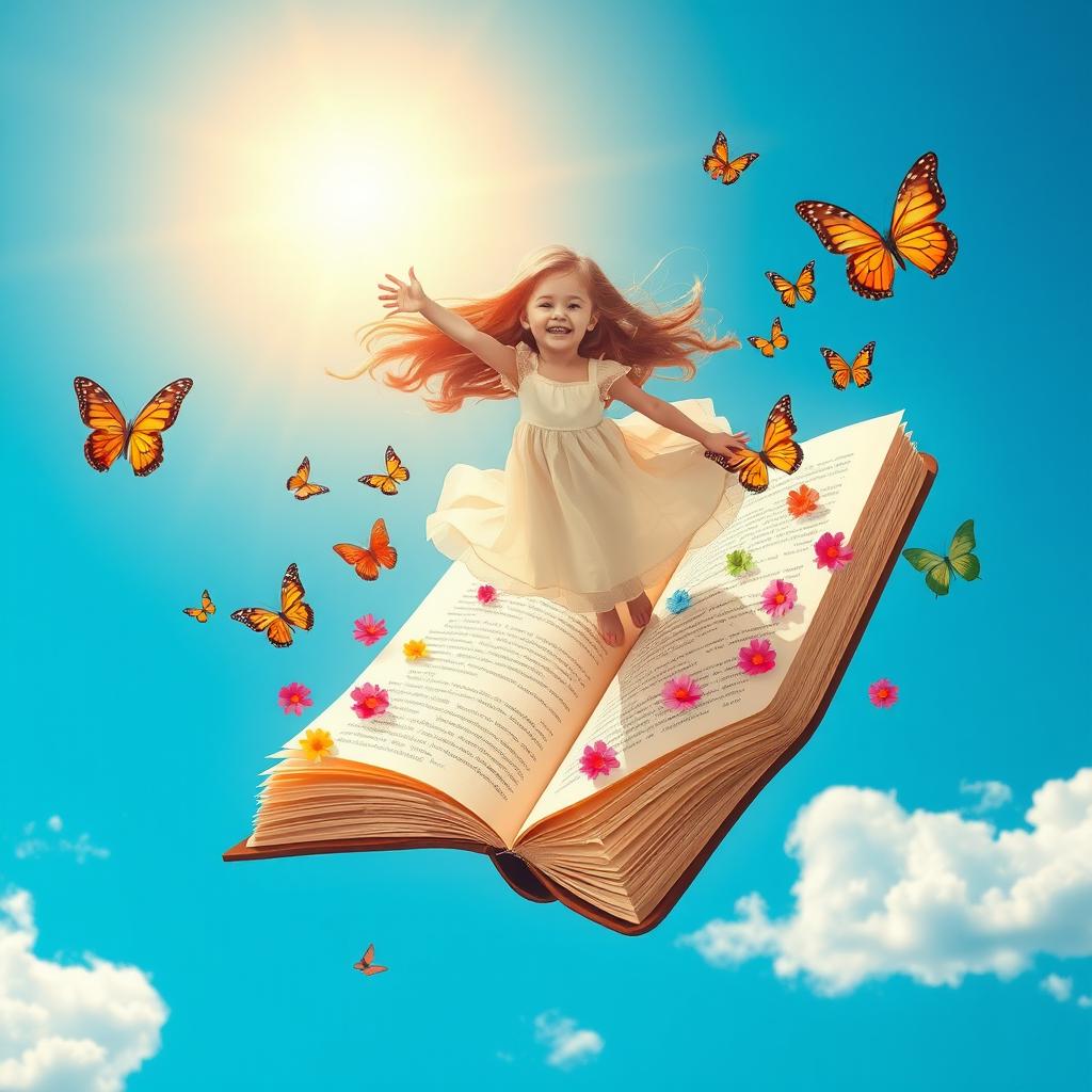 a young girl with long flowing hair, joyfully flying on an enormous open book, surrounded by colorful butterflies and vibrant flowers
