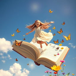 a young girl with long flowing hair, joyfully flying on an enormous open book, surrounded by colorful butterflies and vibrant flowers