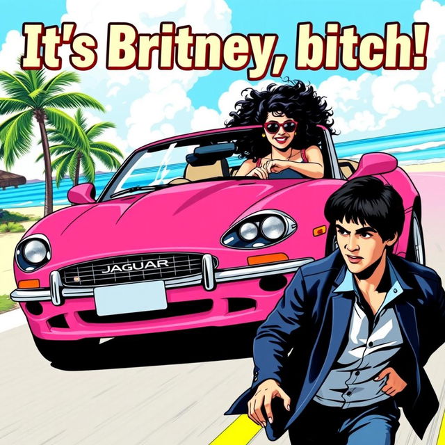 A lively pop art-themed poster featuring a white girl with curly black hair confidently driving a bright pink Jaguar convertible