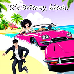 A lively pop art-themed poster featuring a white girl with curly black hair confidently driving a bright pink Jaguar convertible
