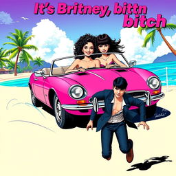 A lively pop art-themed poster featuring a white girl with curly black hair confidently driving a bright pink Jaguar convertible