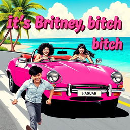 A lively pop art-themed poster featuring a white girl with curly black hair confidently driving a bright pink Jaguar convertible