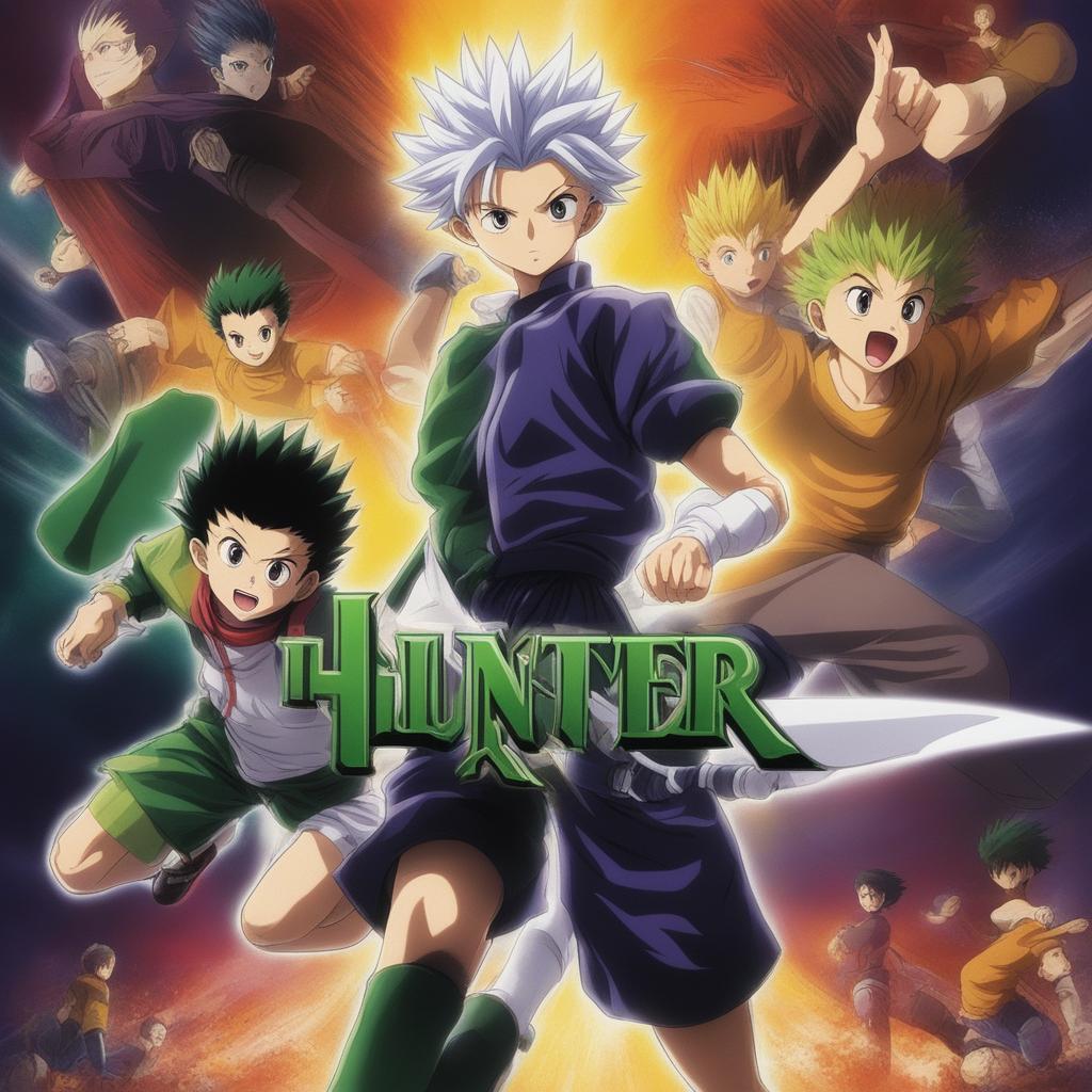 A vibrant, action-packed digital art advertisement for the 'Hunter X Hunter' anime series, featuring main characters Gon and Killua in dynamic poses, with the series logo and a catchy tagline