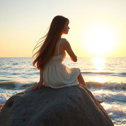 A picturesque scene of a girl sitting on a large rock next to the ocean, gazing out at the serene sea