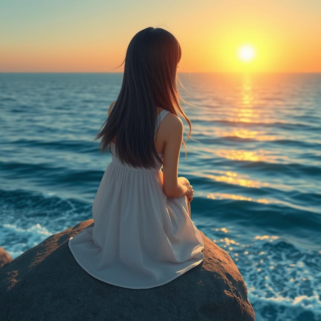A picturesque scene of a girl sitting on a large rock next to the ocean, gazing out at the serene sea