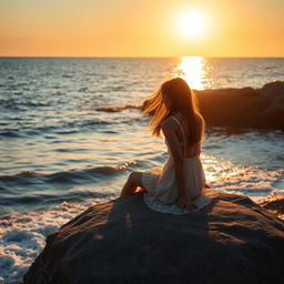 A picturesque scene of a girl sitting on a large rock next to the ocean, gazing out at the serene sea
