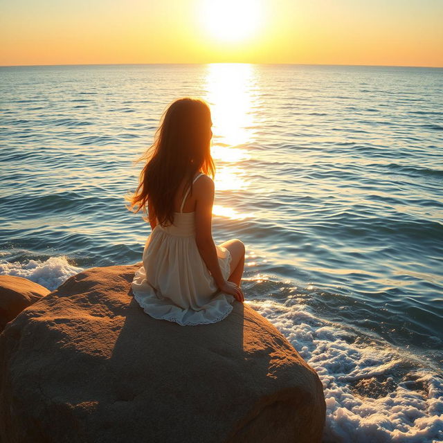 A picturesque scene of a girl sitting on a large rock next to the ocean, gazing out at the serene sea