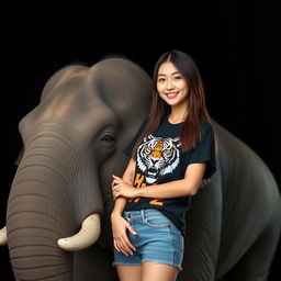 A beautiful Korean woman wearing a black t-shirt featuring a tiger graphic and short denim jeans