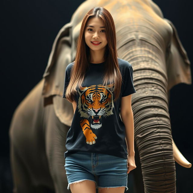 A beautiful Korean woman wearing a black t-shirt featuring a tiger graphic and short denim jeans