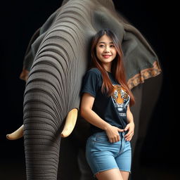 A beautiful Korean woman wearing a black t-shirt featuring a tiger graphic and short denim jeans
