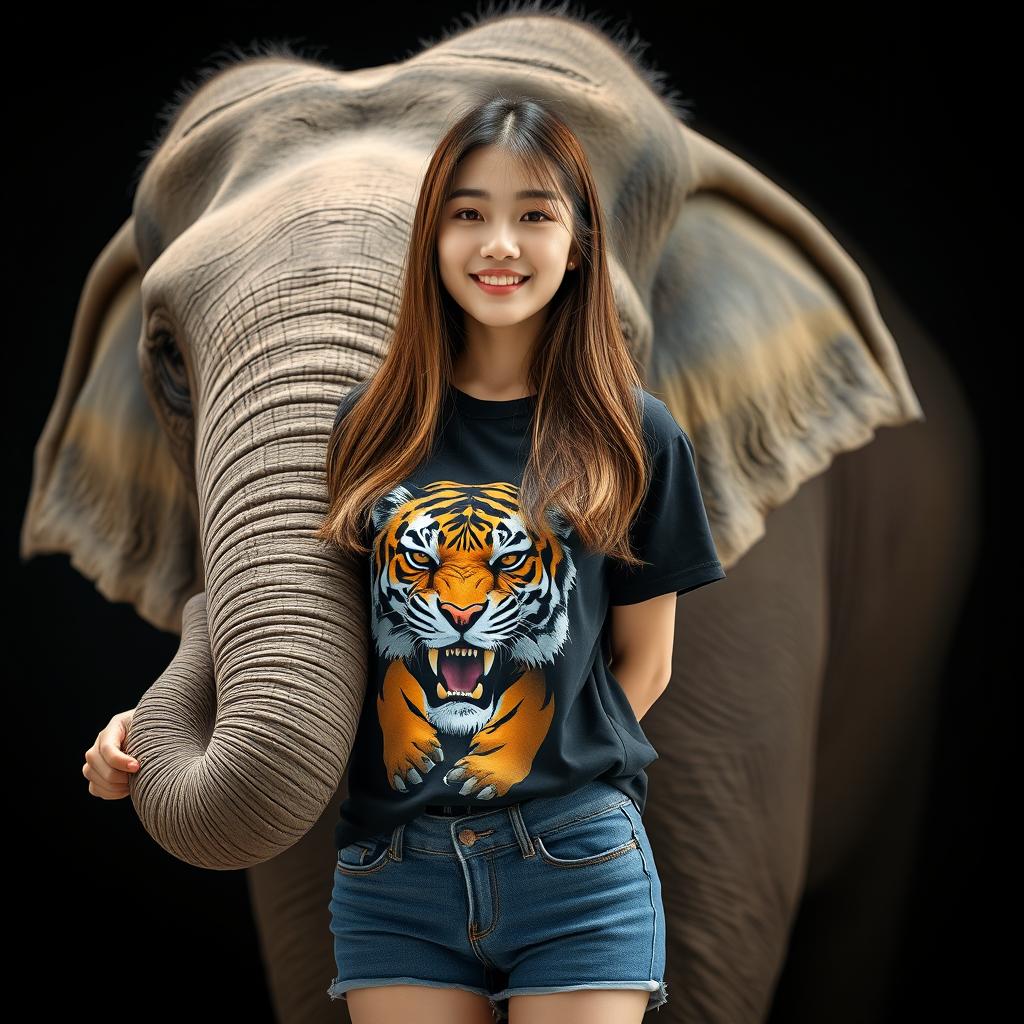 A beautiful Korean woman wearing a black t-shirt featuring a tiger graphic and short denim jeans