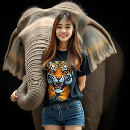 A beautiful Korean woman wearing a black t-shirt featuring a tiger graphic and short denim jeans