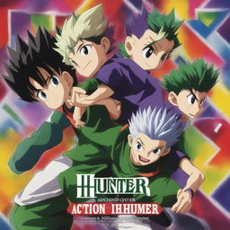 A vibrant, action-packed digital art advertisement for the 'Hunter X Hunter' anime series, featuring main characters Gon and Killua in dynamic poses, with the series logo and a catchy tagline