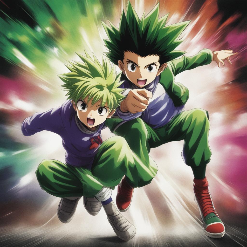 A vibrant, action-packed digital art advertisement for the 'Hunter X Hunter' anime series, featuring main characters Gon and Killua in dynamic poses, with the series logo and a catchy tagline