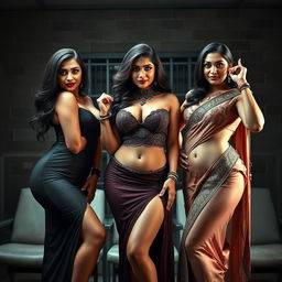 In a dramatic interrogation room, three stunning desi women embody seduction and dominance