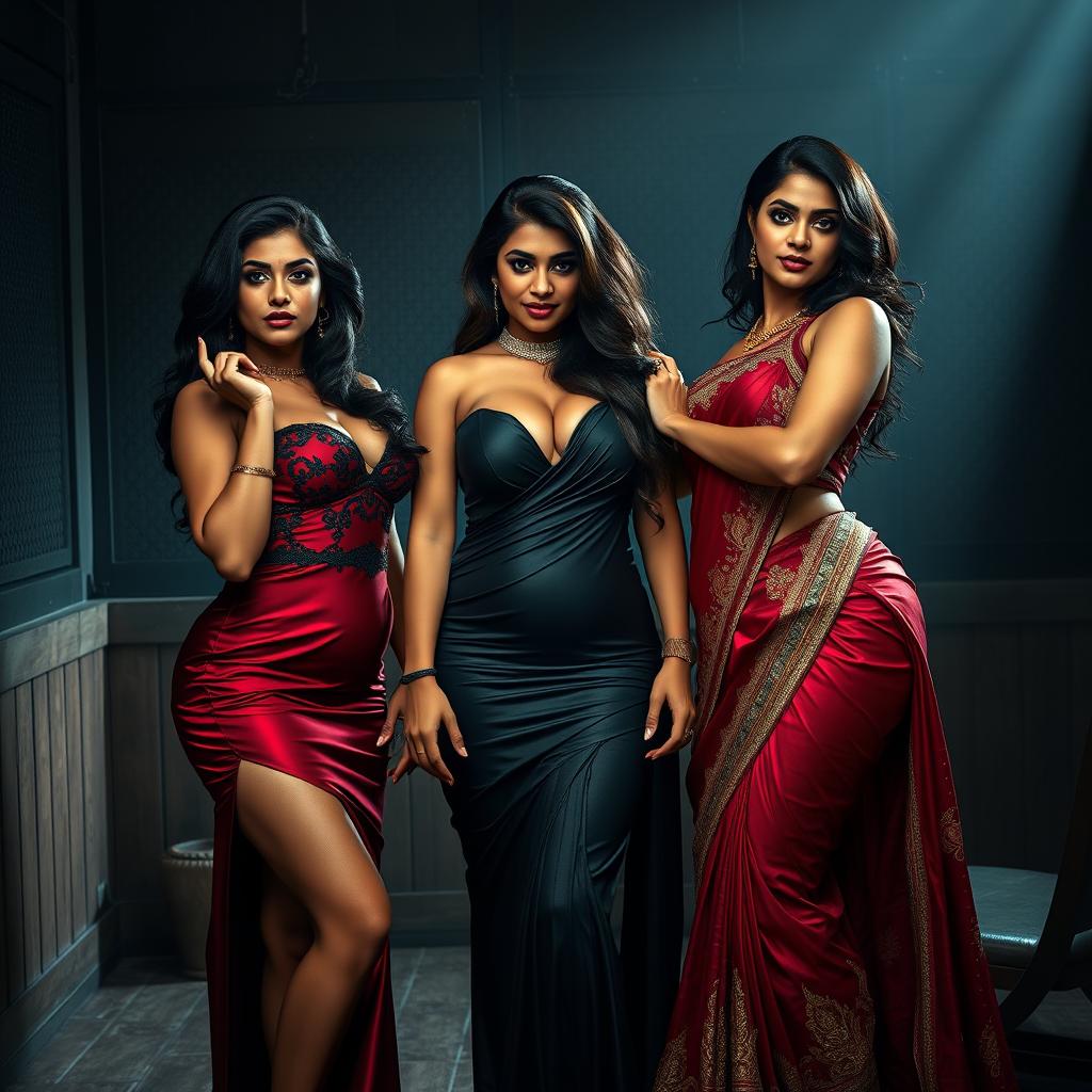 In a dramatic interrogation room, three stunning desi women embody seduction and dominance