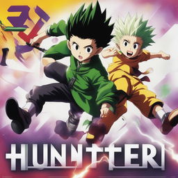 A vibrant, action-packed digital art advertisement for the 'Hunter X Hunter' anime series, featuring main characters Gon and Killua in dynamic poses, with the series logo and a catchy tagline