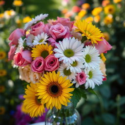 A vibrant and colorful bouquet of assorted flowers, featuring roses, daisies, and sunflowers, arranged elegantly in a glass vase, with soft morning light illuminating the petals, creating a dreamy atmosphere