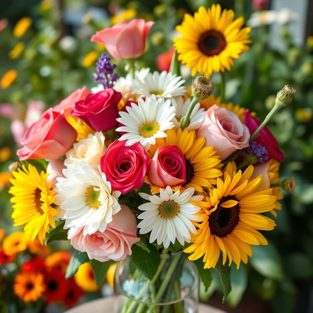 A vibrant and colorful bouquet of assorted flowers, featuring roses, daisies, and sunflowers, arranged elegantly in a glass vase, with soft morning light illuminating the petals, creating a dreamy atmosphere