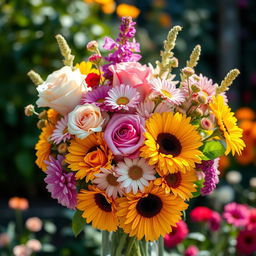 A vibrant and colorful bouquet of assorted flowers, featuring roses, daisies, and sunflowers, arranged elegantly in a glass vase, with soft morning light illuminating the petals, creating a dreamy atmosphere