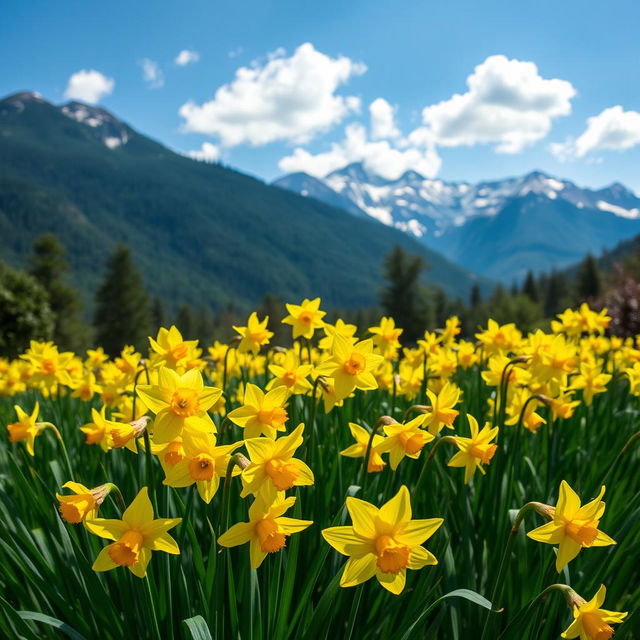 A beautiful garden filled with vibrant daffodils in full bloom, gracefully swaying in a gentle breeze