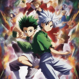 A vibrant, action-packed digital art advertisement for the 'Hunter X Hunter' anime series, featuring main characters Gon and Killua depicted as adults in dynamic poses, with the series logo and a catchy tagline