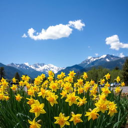 A beautiful garden filled with vibrant daffodils in full bloom, gracefully swaying in a gentle breeze