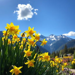 A beautiful garden filled with vibrant daffodils in full bloom, gracefully swaying in a gentle breeze