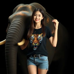 A beautiful Korean woman wearing a black t-shirt with a tiger print and short jeans, with long straight hair facing the camera