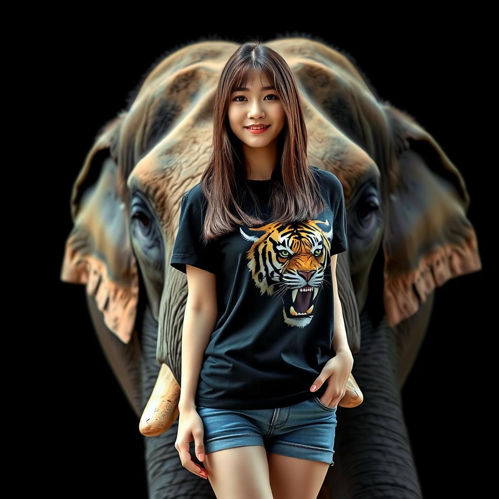 A beautiful Korean woman wearing a black t-shirt with a tiger print and short jeans, with long straight hair facing the camera