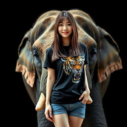 A beautiful Korean woman wearing a black t-shirt with a tiger print and short jeans, with long straight hair facing the camera