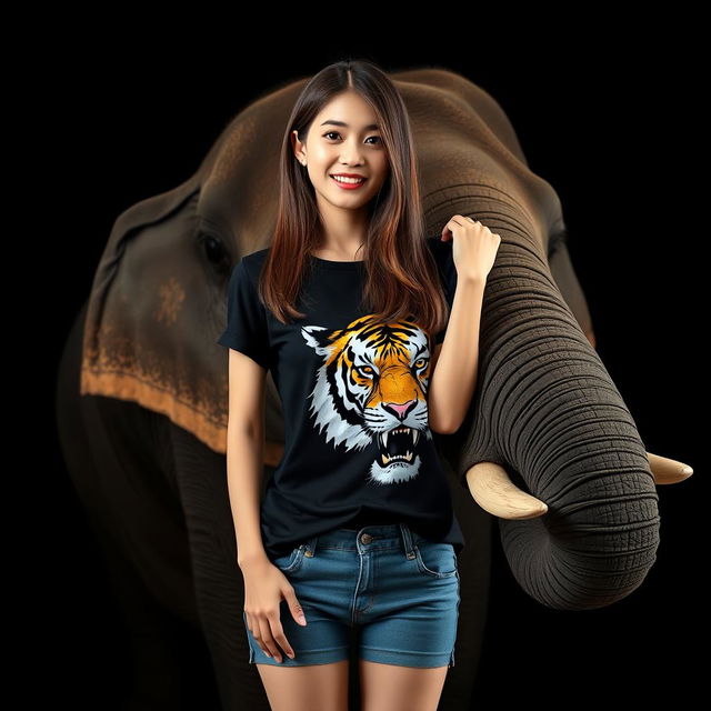 A beautiful Korean woman wearing a black t-shirt with a tiger print and short jeans, with long straight hair facing the camera