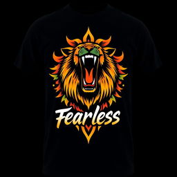 A stylish and modern T-shirt design featuring a bold graphic of a roaring lion with a colorful tribal pattern in the background