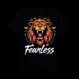 A stylish and modern T-shirt design featuring a bold graphic of a roaring lion with a colorful tribal pattern in the background