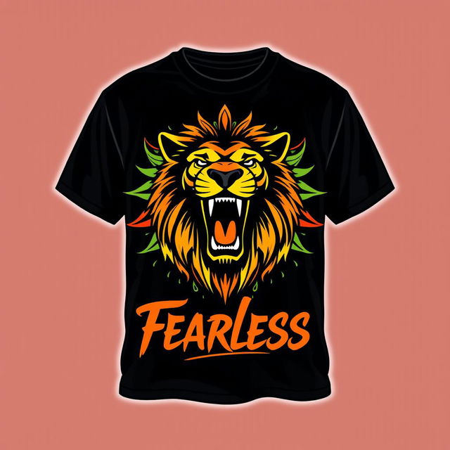 A stylish and modern T-shirt design featuring a bold graphic of a roaring lion with a colorful tribal pattern in the background